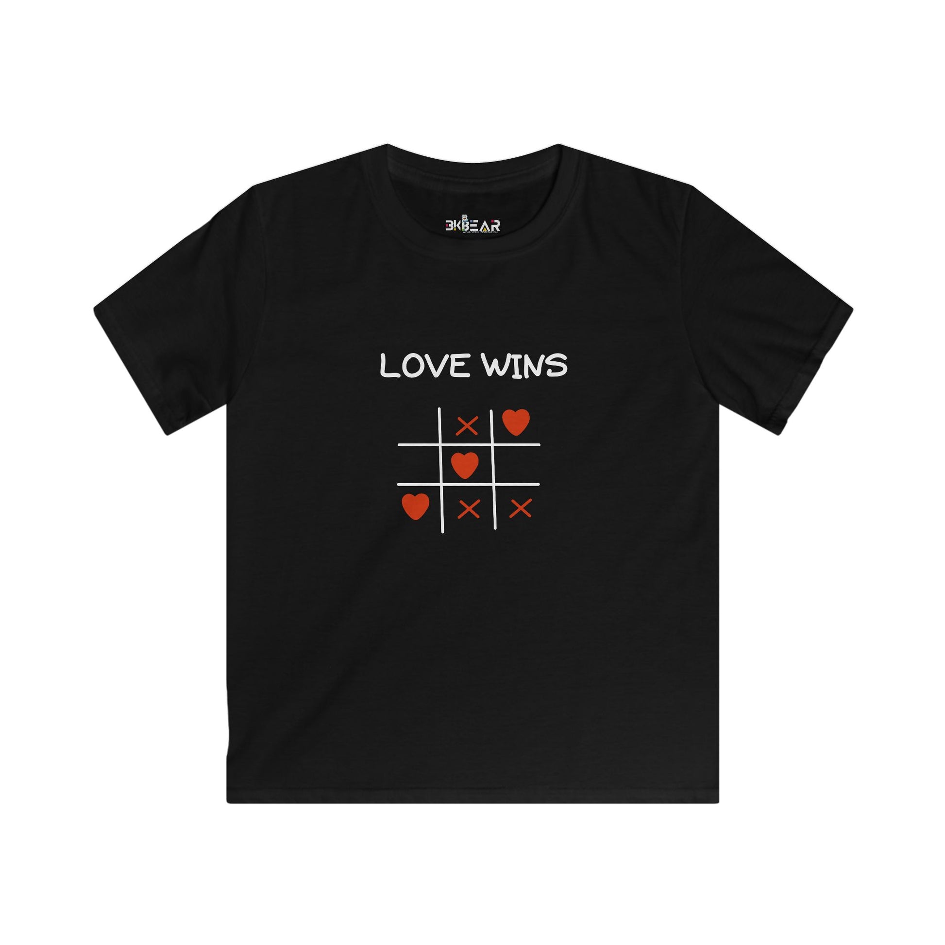 Black inspirational graphic tee for kids with love wins tic tac toe design from Printify