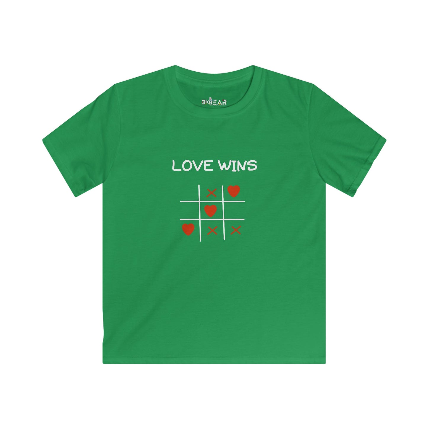 Green inspirational graphic tee for kids with Love Wins tic tac toe heart design by Printify