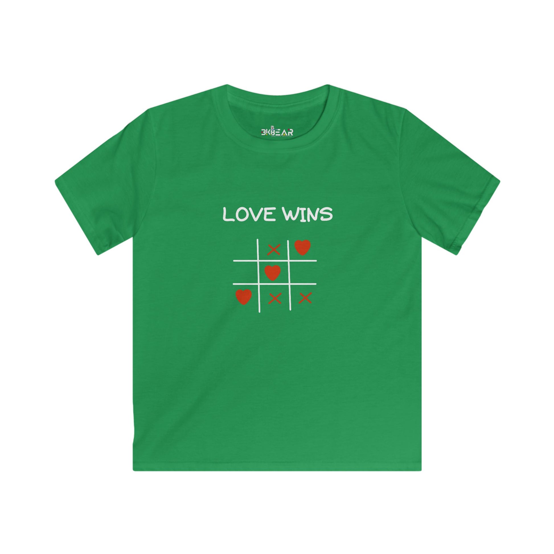 Green inspirational graphic tee for kids with Love Wins tic tac toe heart design by Printify