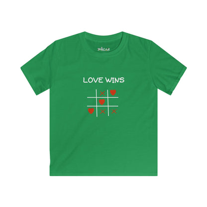 Green inspirational graphic tee for kids with Love Wins tic tac toe heart design by Printify