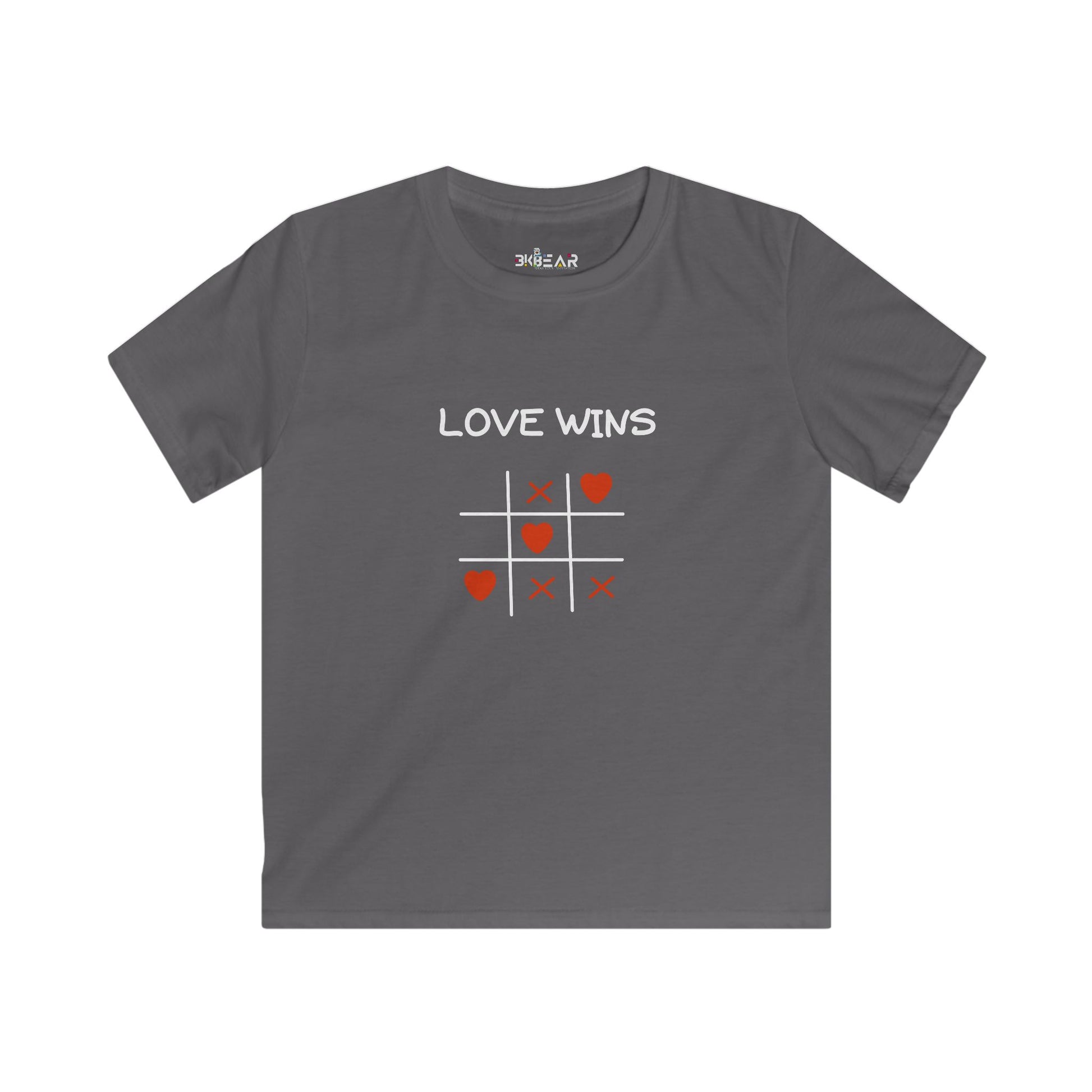 Gray kids t-shirt by Printify with love wins tic tac toe design inspirational graphic tee for kids