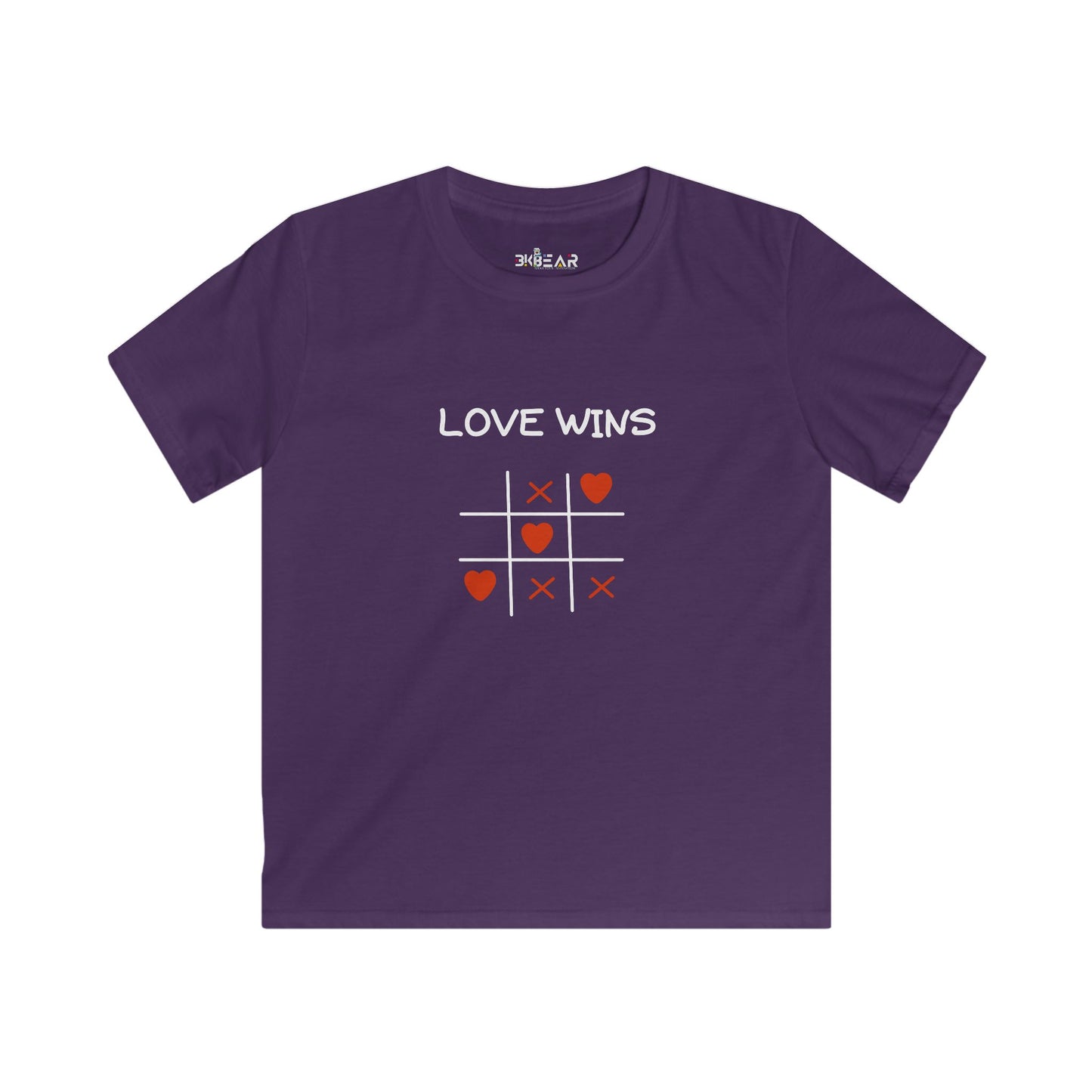 Purple inspirational graphic tee for kids with love wins tic tac toe design by Printify