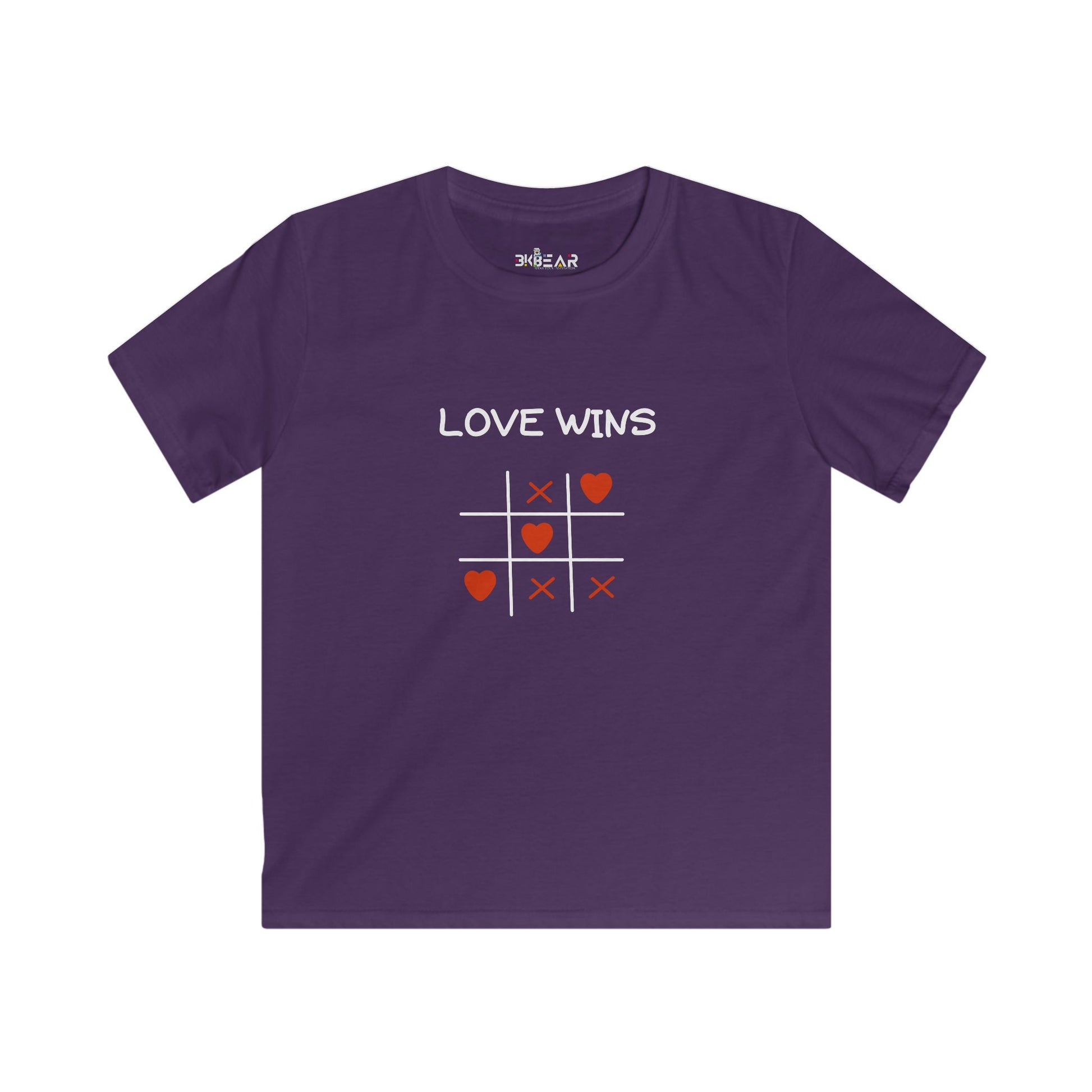 Purple inspirational graphic tee for kids with love wins tic tac toe design by Printify