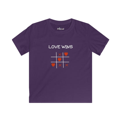 Purple inspirational graphic tee for kids with love wins tic tac toe design by Printify