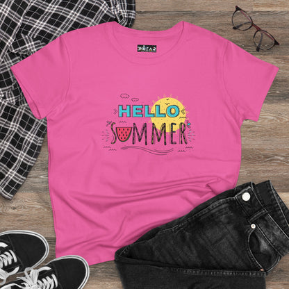 Pink beach vibes shirt with colorful Hello Summer graphic displayed with casual jeans and sneakers