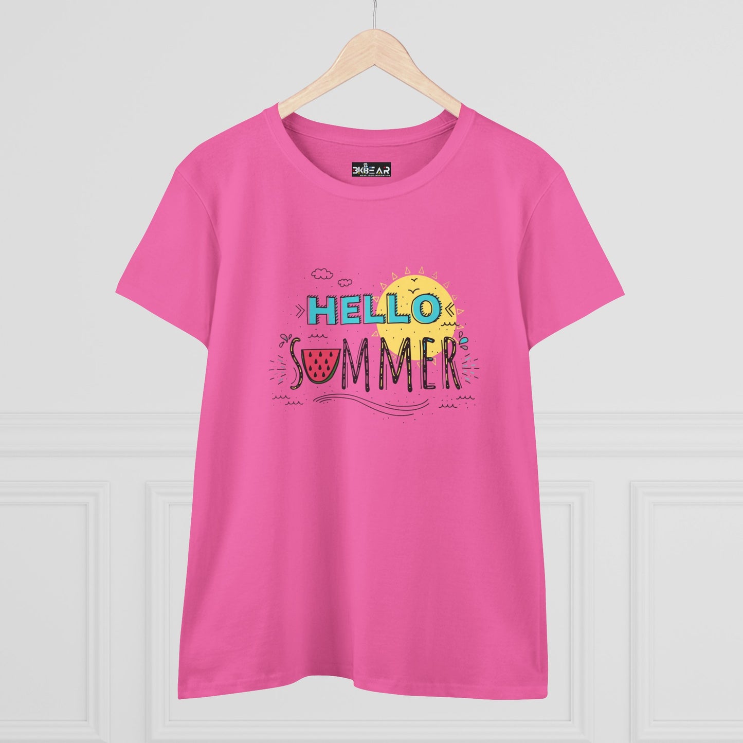 Pink Printify beach vibes shirt with colorful Hello Summer graphic and sun illustration