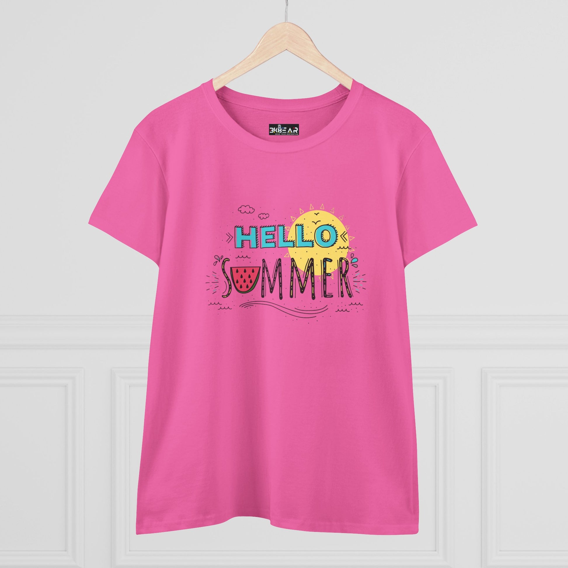 Pink Printify beach vibes shirt with colorful Hello Summer graphic and sun illustration