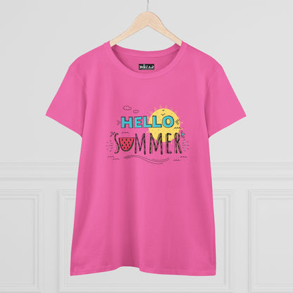 Pink Printify beach vibes shirt with colorful Hello Summer graphic and sun illustration