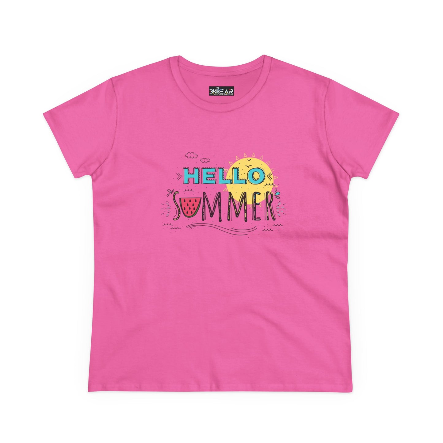 Pink Printify T-shirt with Hello Summer design and beach vibes shirt theme