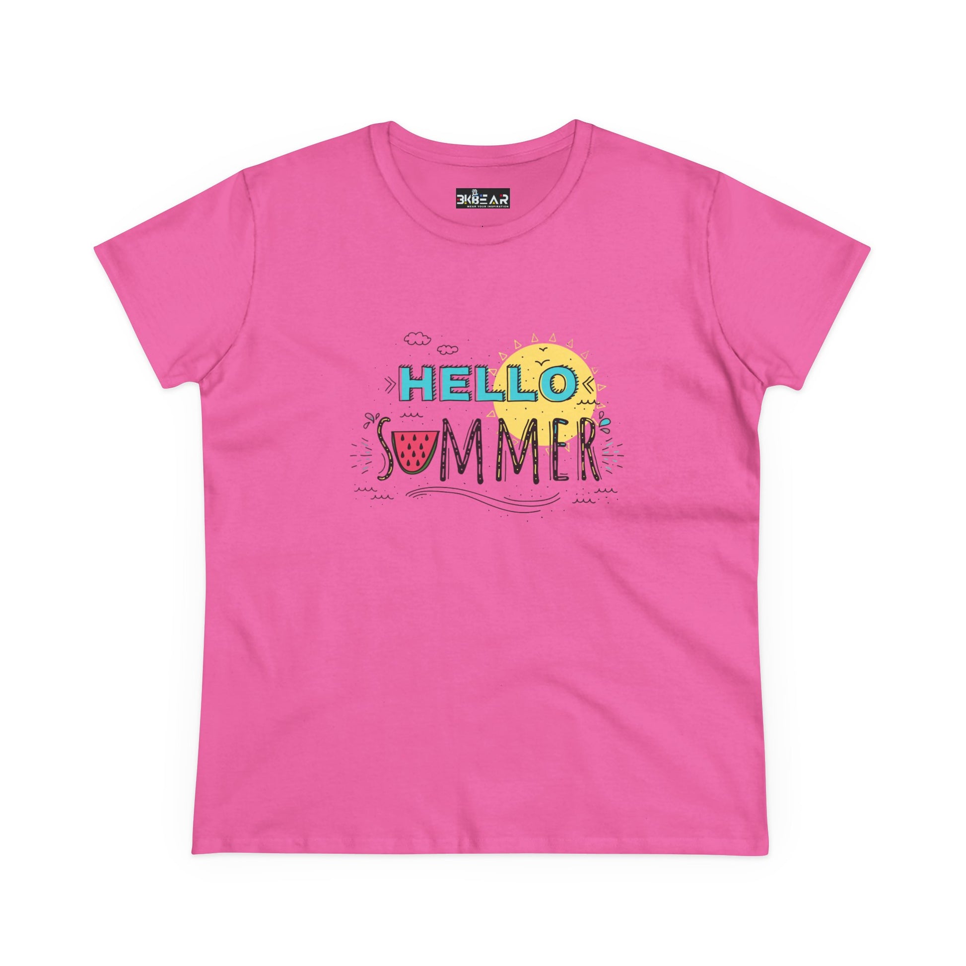 Pink Printify T-shirt with Hello Summer design and beach vibes shirt theme
