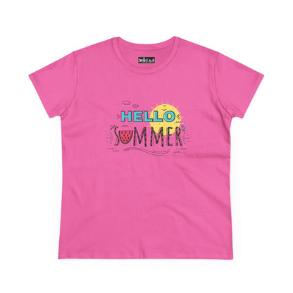 Pink Printify T-shirt with Hello Summer design and beach vibes shirt theme