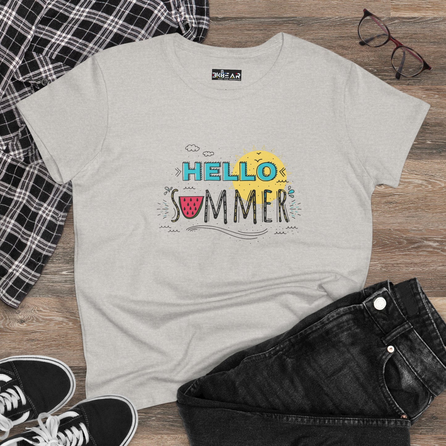 Light gray Printify T-shirt with Hello Summer graphic design, styled with black jeans and sneakers beach vibes shirt