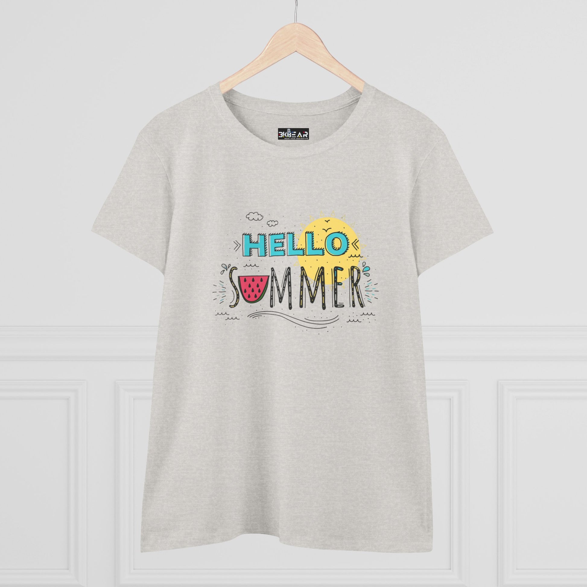 Printify gray t-shirt with colorful Hello Summer design perfect as a beach vibes shirt