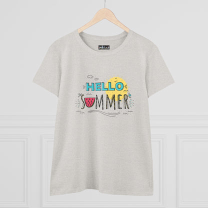 Printify gray t-shirt with colorful Hello Summer design perfect as a beach vibes shirt