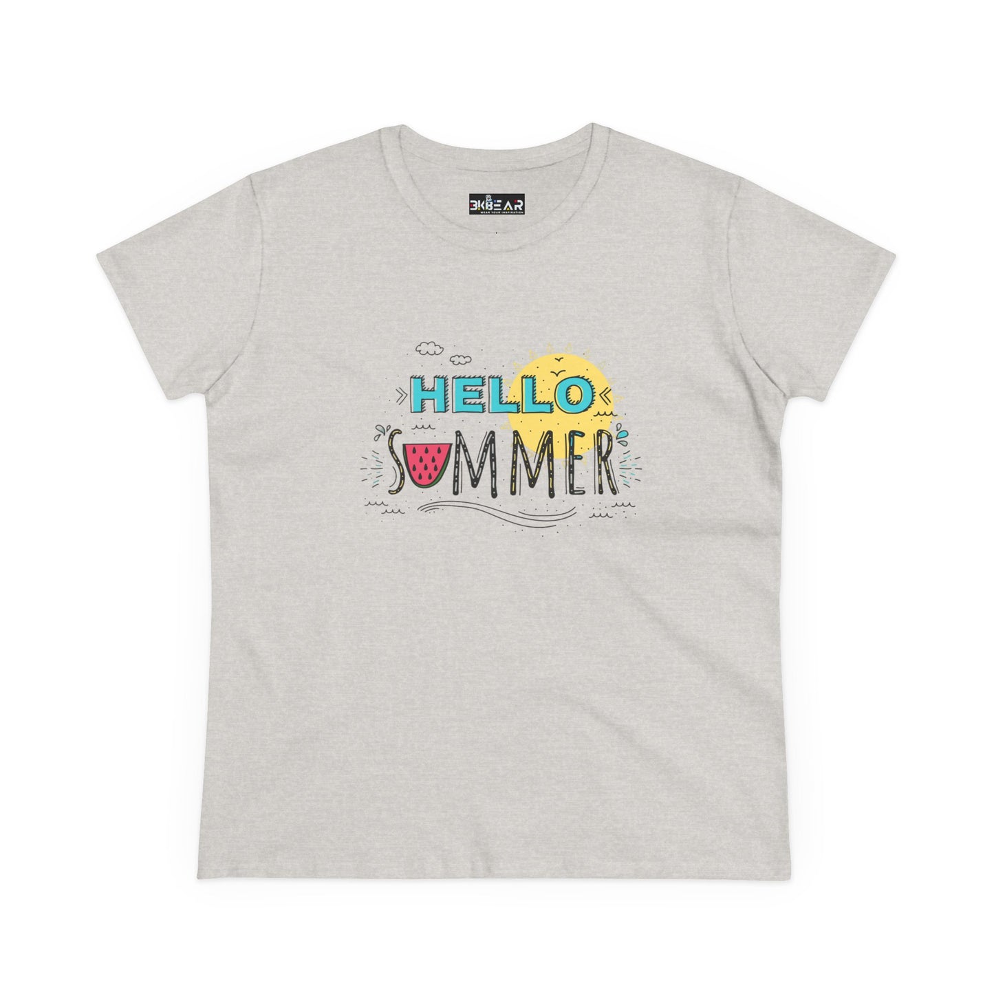 Printify gray T-shirt with colorful Hello Summer graphic featuring sun and watermelon beach vibes shirt