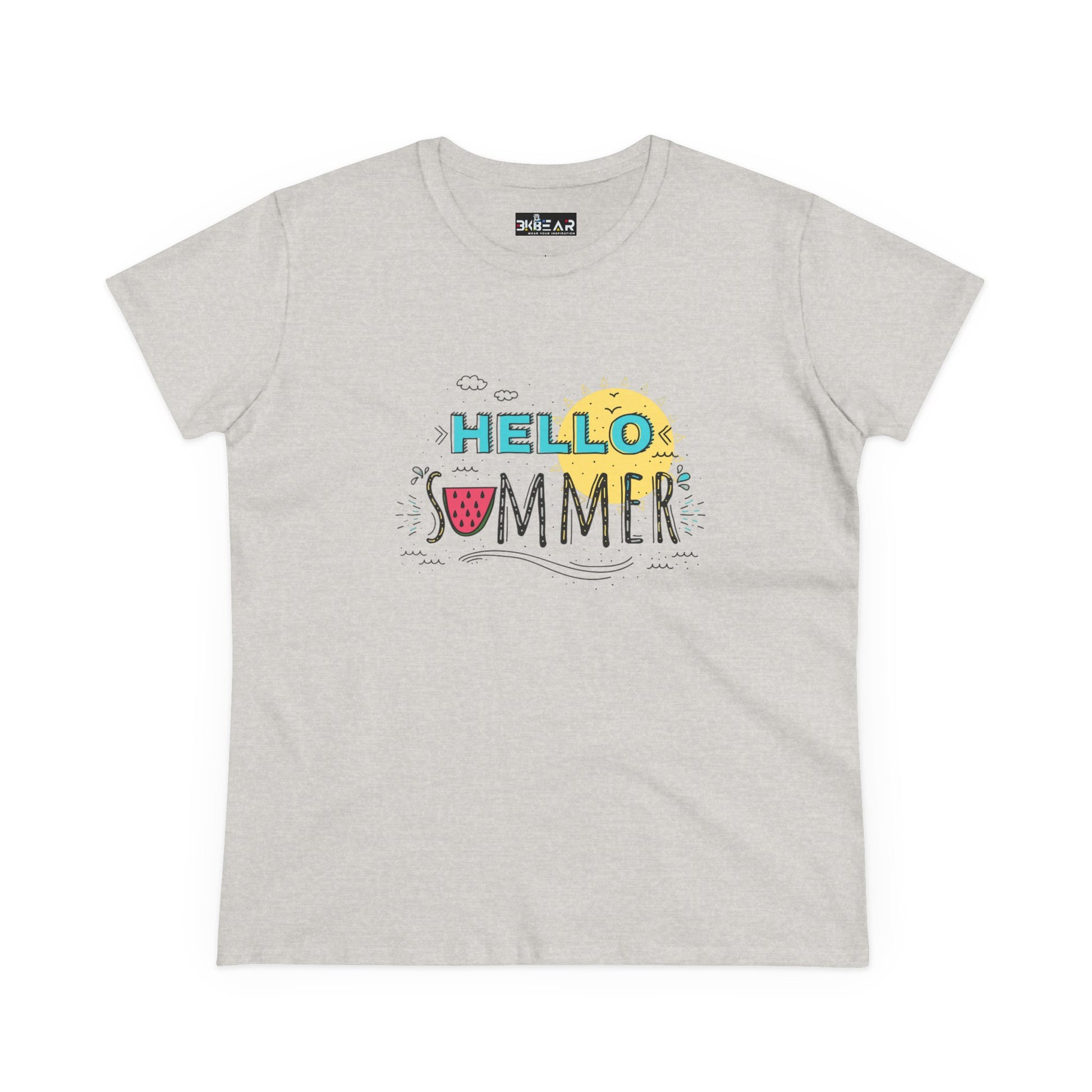 Printify gray T-shirt with colorful Hello Summer graphic featuring sun and watermelon beach vibes shirt
