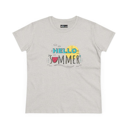 Printify gray T-shirt with colorful Hello Summer graphic featuring sun and watermelon beach vibes shirt