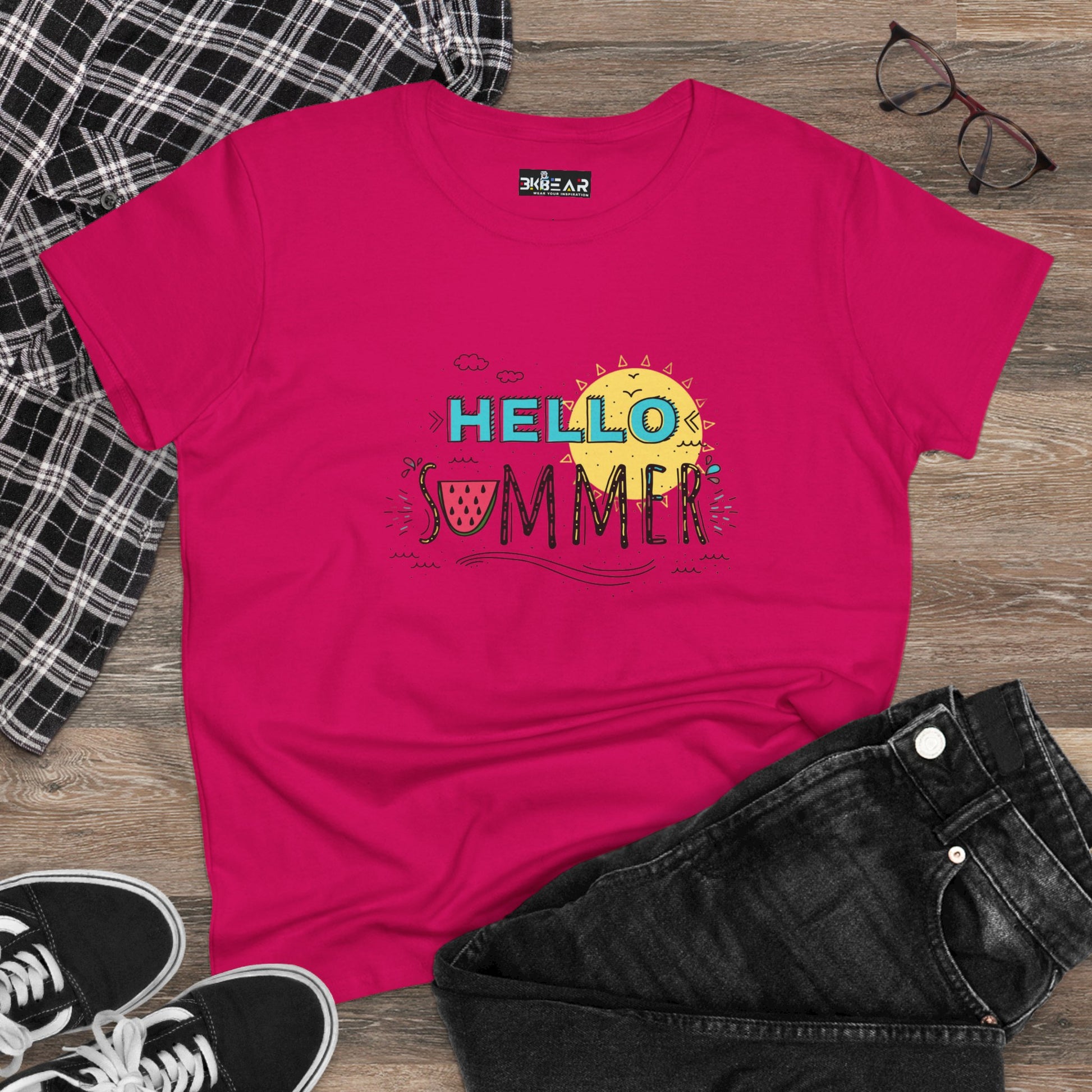 Bright pink Printify t-shirt with Hello Summer graphic perfect as a beach vibes shirt