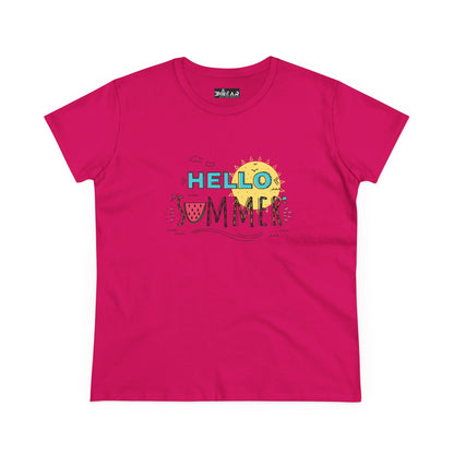 Pink Printify T-shirt with Hello Summer graphic design, perfect beach vibes shirt for summer fun