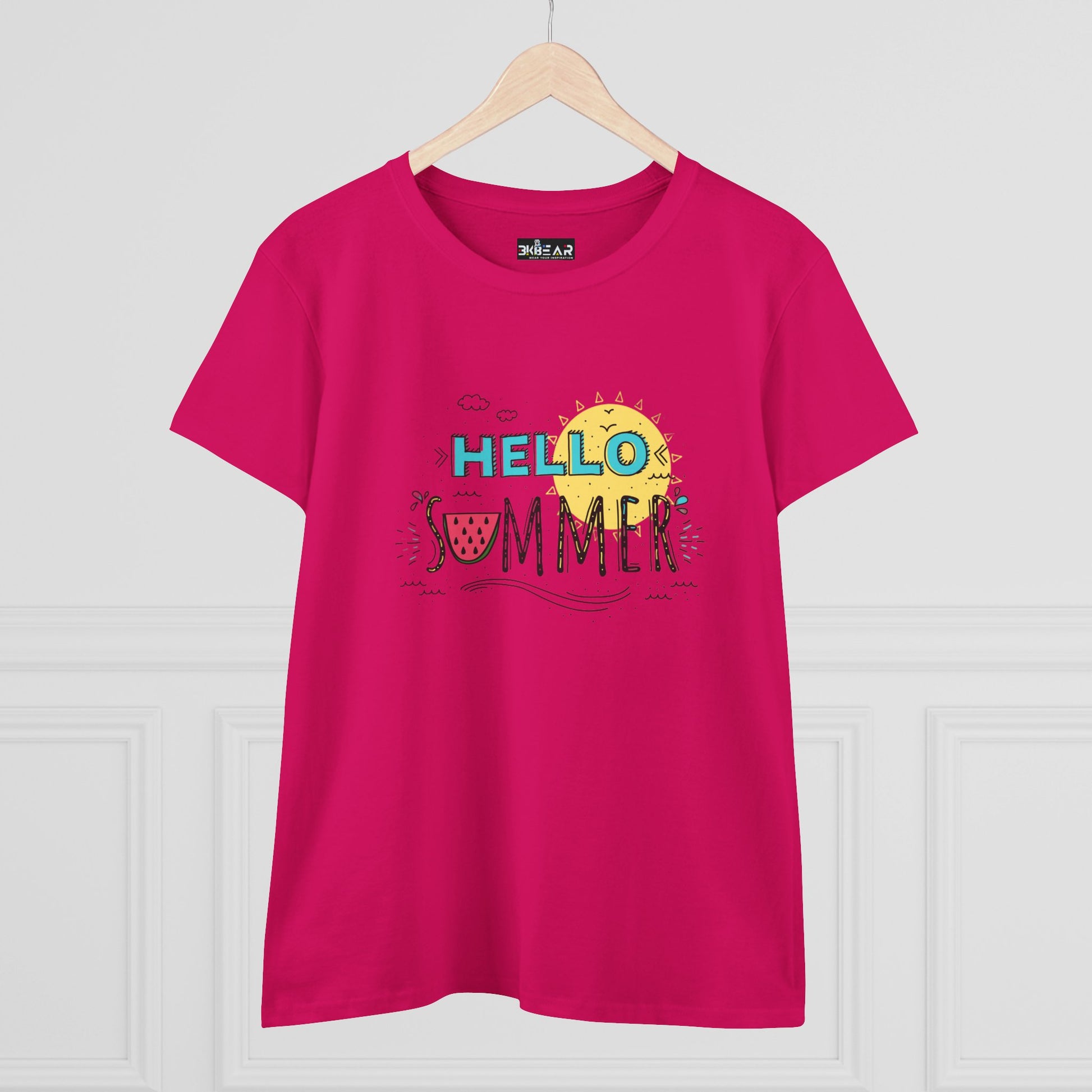 Bright pink Printify T-shirt with Hello Summer graphic design perfect beach vibes shirt