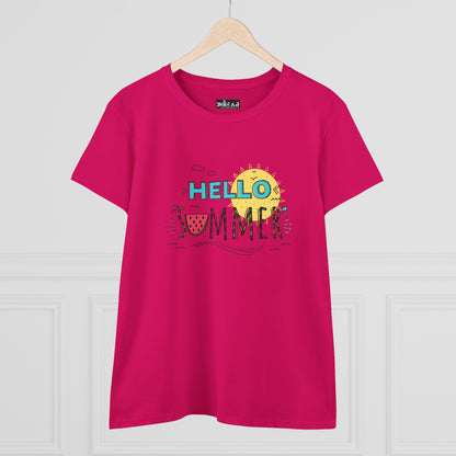 Bright pink Printify T-shirt with Hello Summer graphic design perfect beach vibes shirt