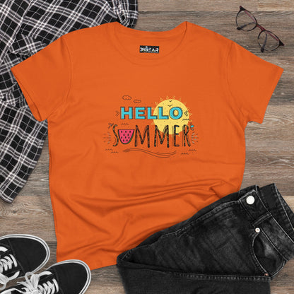 Orange beach vibes shirt with Hello Summer graphic, styled with black jeans and sneakers