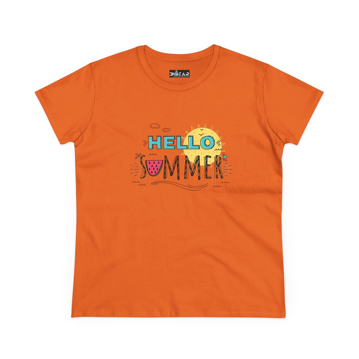 Orange Printify T-shirt with Hello Summer design perfect for a beach vibes shirt look