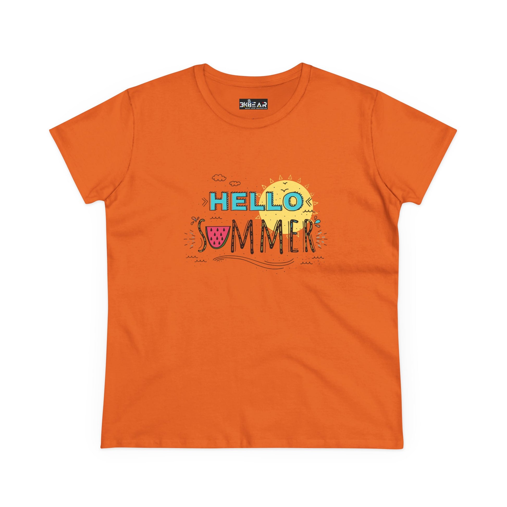 Orange Printify T-shirt with Hello Summer design perfect for a beach vibes shirt look