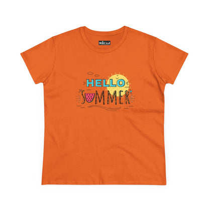 Orange Printify T-shirt with Hello Summer design perfect for a beach vibes shirt look
