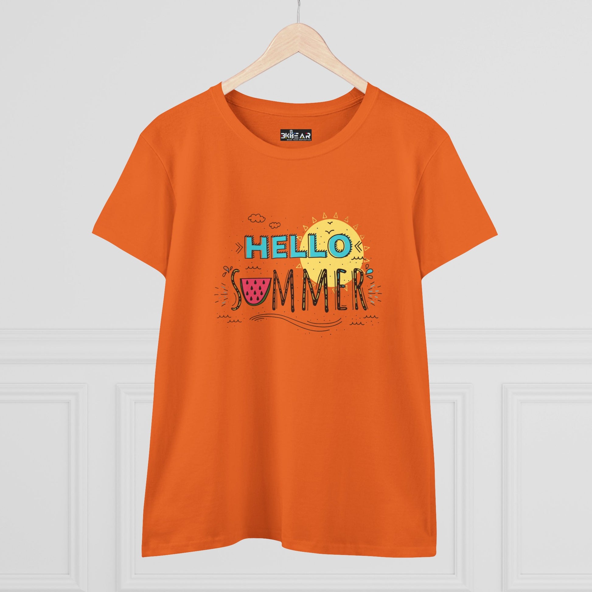 Orange Printify T-shirt with Hello Summer graphic and beach vibes shirt design