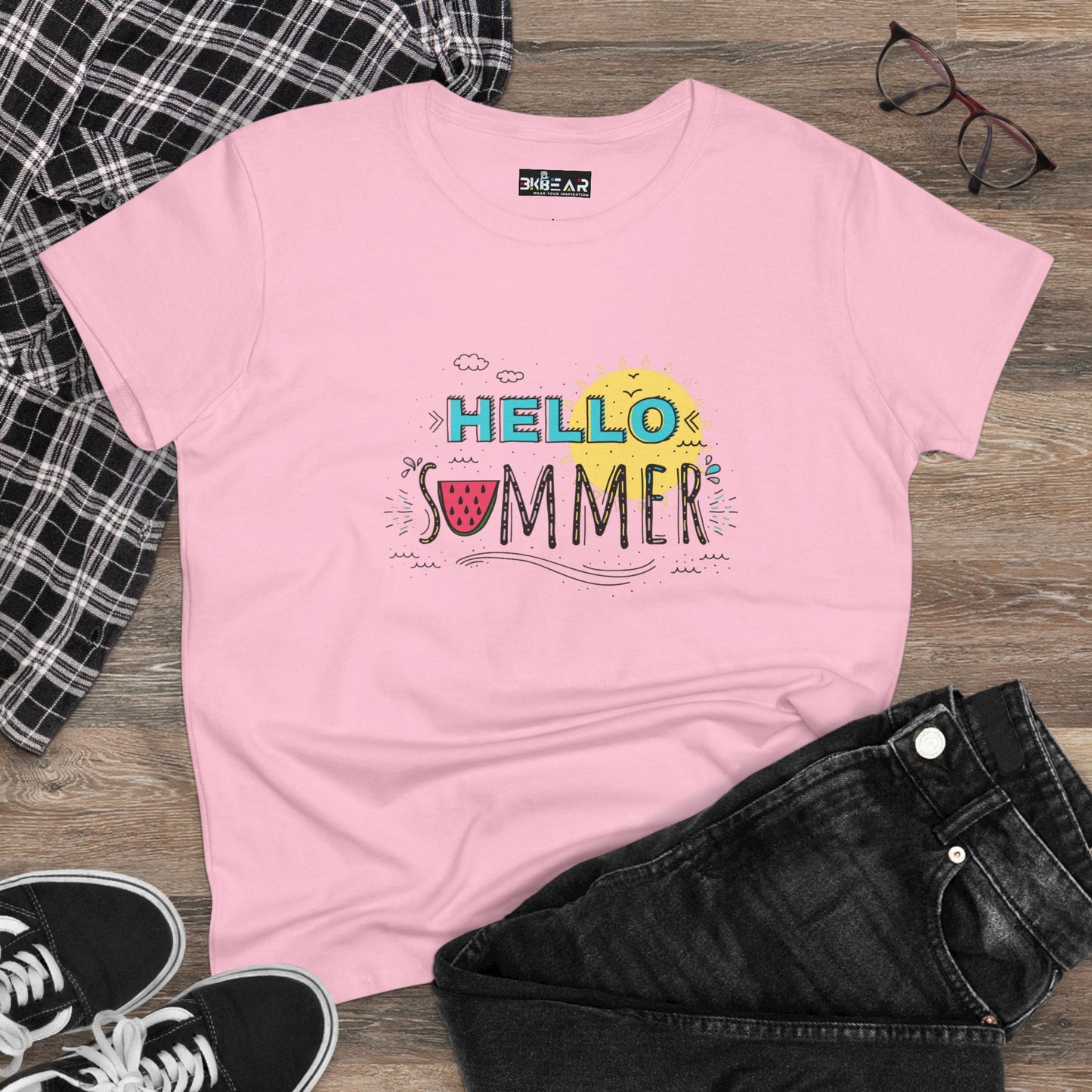 Pink beach vibes shirt with Hello Summer graphic featuring watermelon and sun design