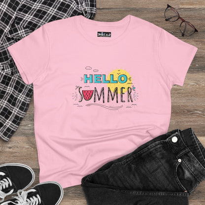 Pink beach vibes shirt with Hello Summer graphic featuring watermelon and sun design