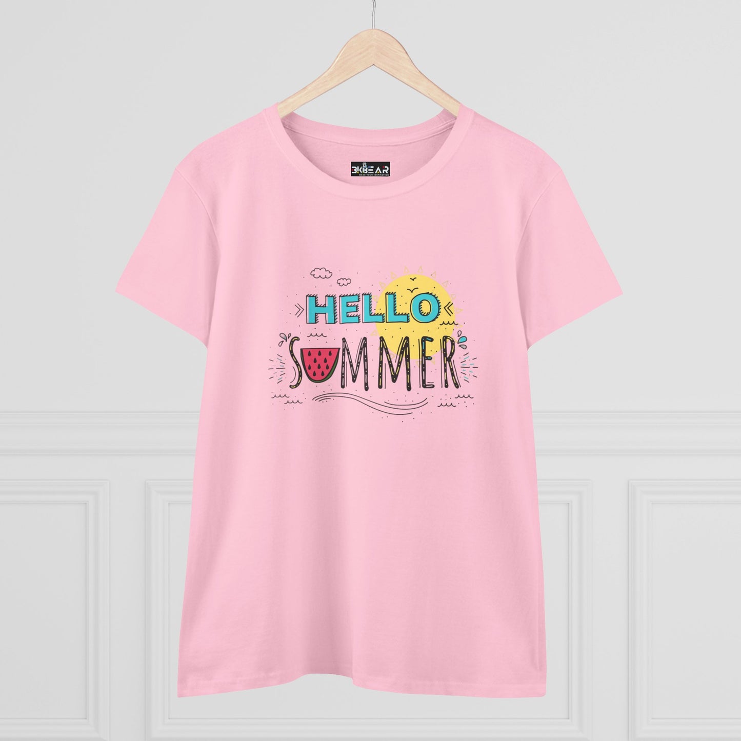 Pink Printify beach vibes shirt with Hello Summer graphic and watermelon design on front