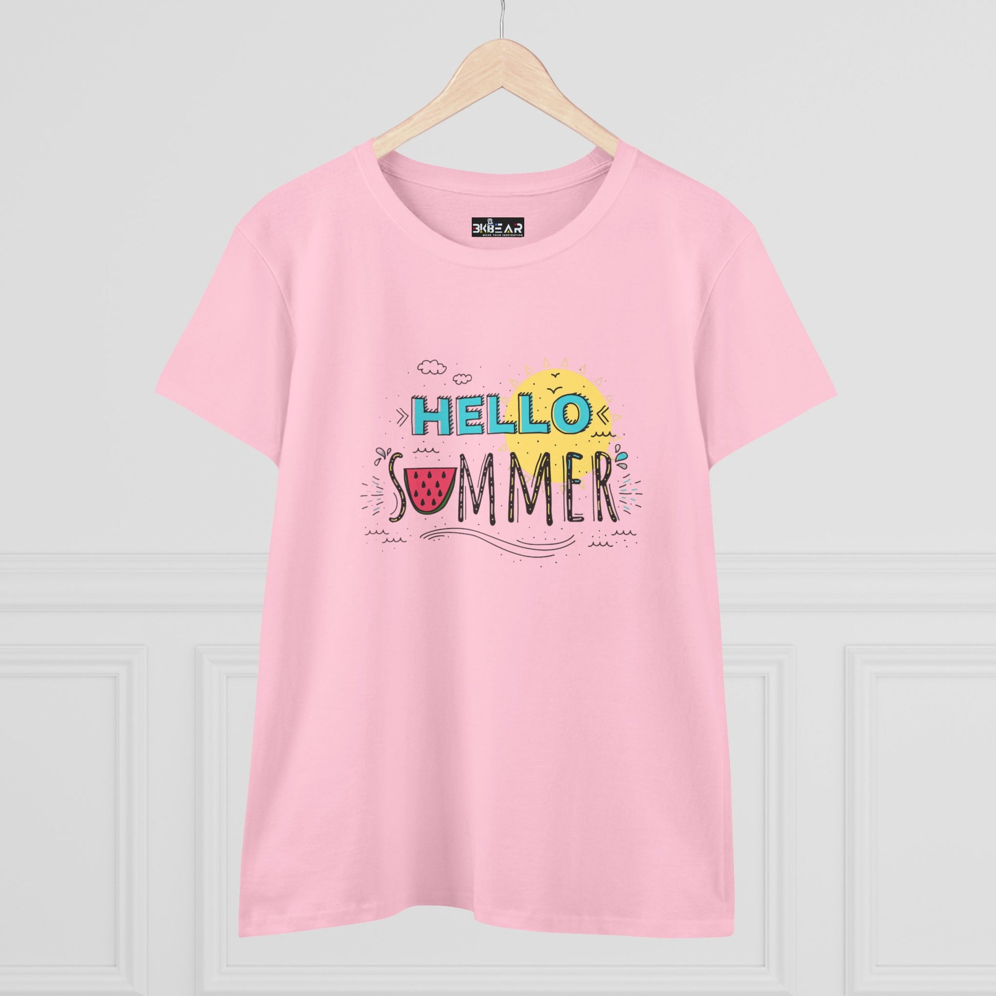 Pink Printify beach vibes shirt with Hello Summer graphic and watermelon design on front