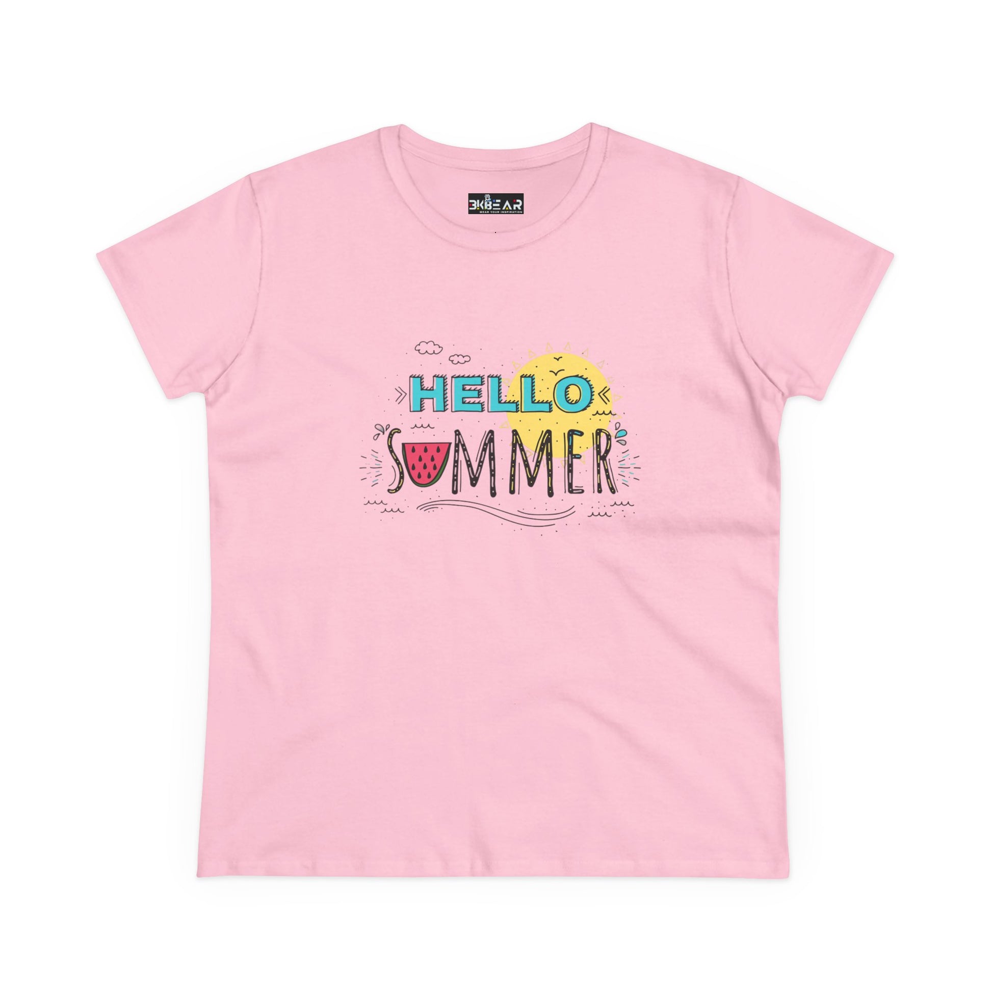 Pink Printify T-shirt with Hello Summer graphic design ideal as a beach vibes shirt