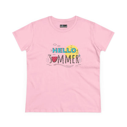 Pink Printify T-shirt with Hello Summer graphic design ideal as a beach vibes shirt