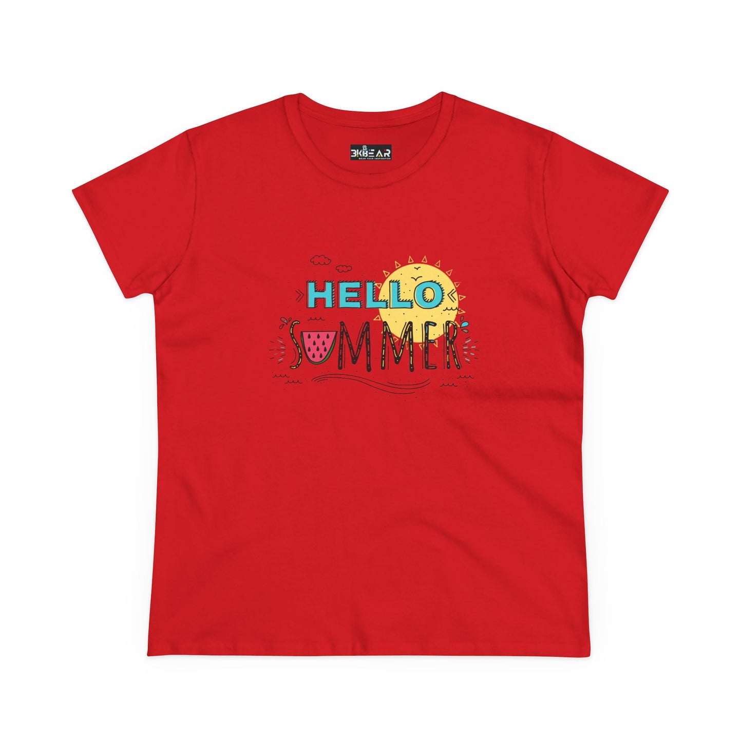 Red Printify T-shirt with Hello Summer design featuring sun and watermelon beach vibes shirt