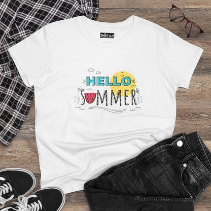 White beach vibes shirt with colorful Hello Summer graphic and watermelon design by Printify