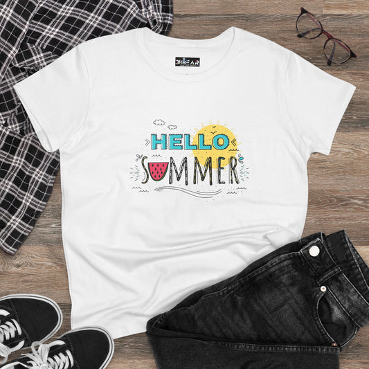 White beach vibes shirt with colorful Hello Summer graphic and watermelon design by Printify