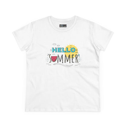 White Printify T-shirt with Hello Summer graphic and beach vibes shirt design
