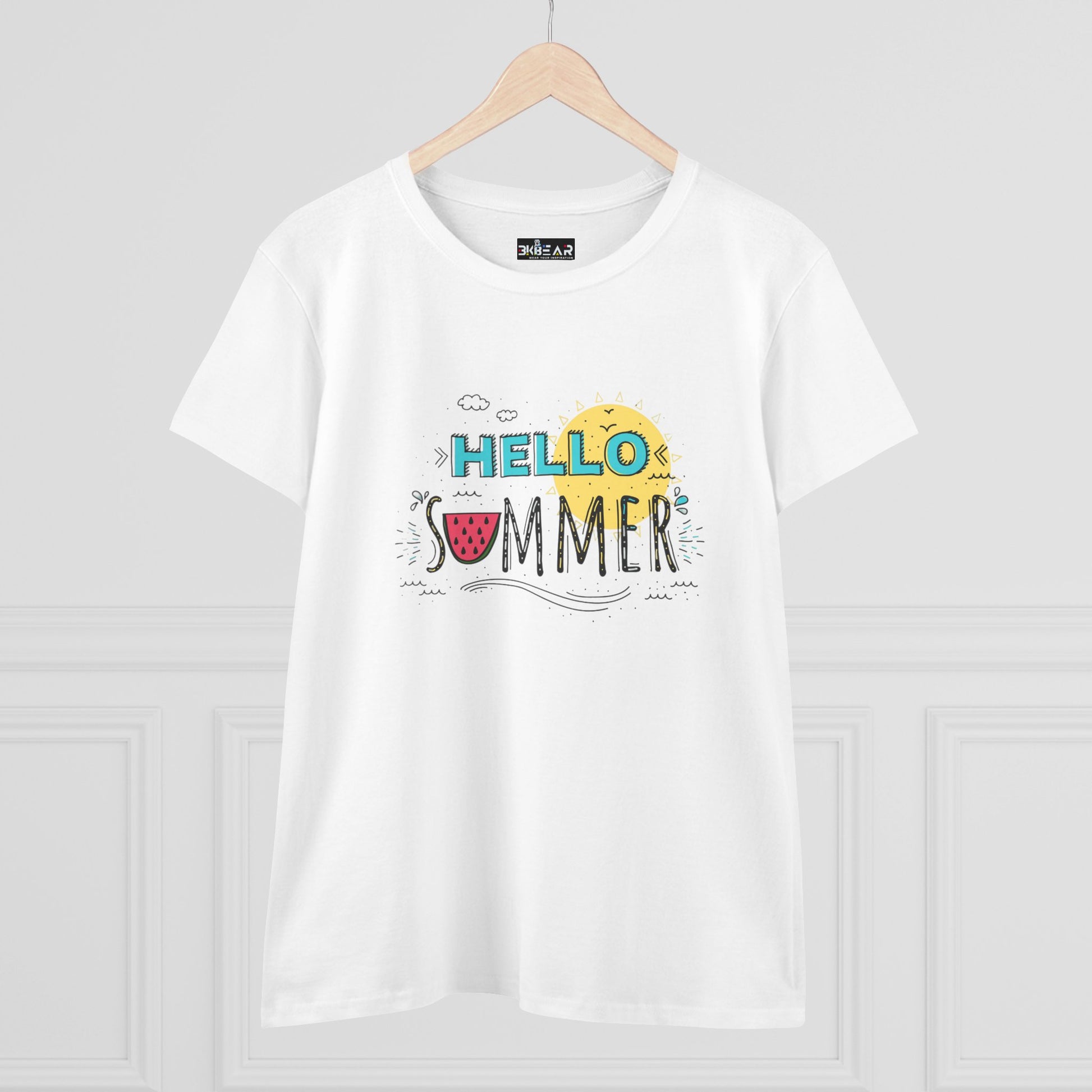 White Printify t-shirt with colorful Hello Summer design featuring sun and watermelon beach vibes shirt