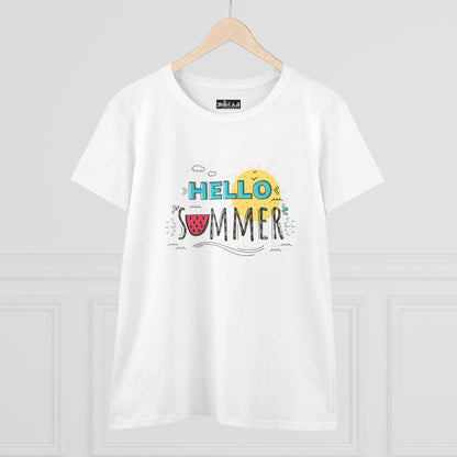 White Printify t-shirt with colorful Hello Summer design featuring sun and watermelon beach vibes shirt