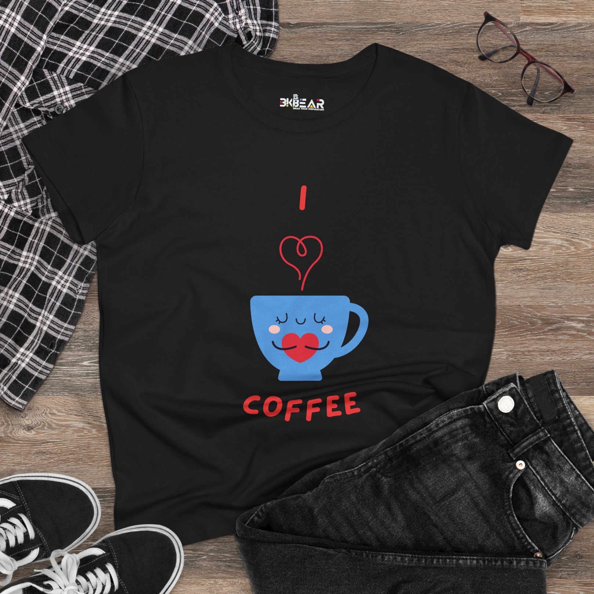 Black Printify T-shirt with I love coffee design featuring a blue coffee cup and red text coffee and tees