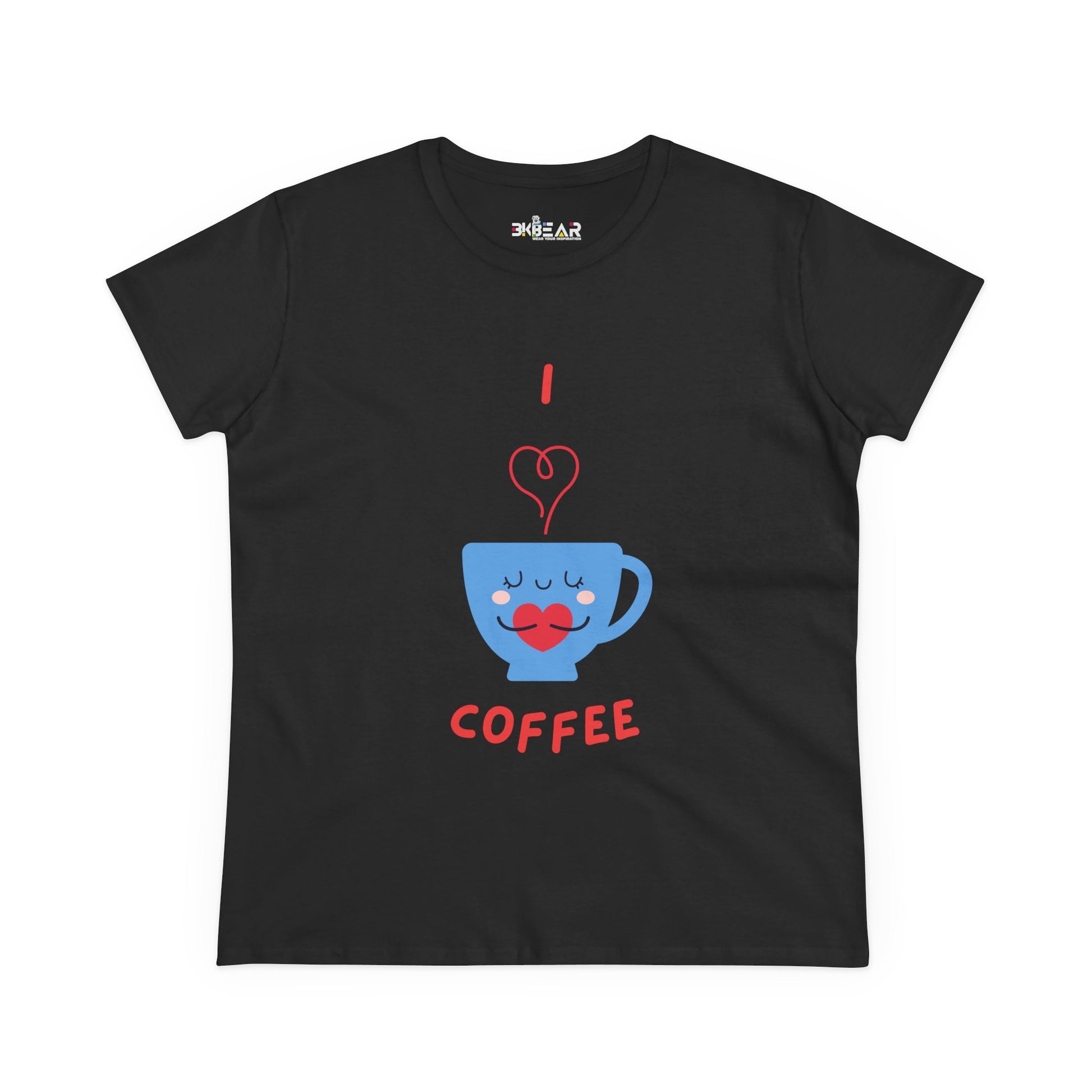 Black Printify T-Shirt with cute blue coffee cup and red I heart coffee text for coffee and tees lovers