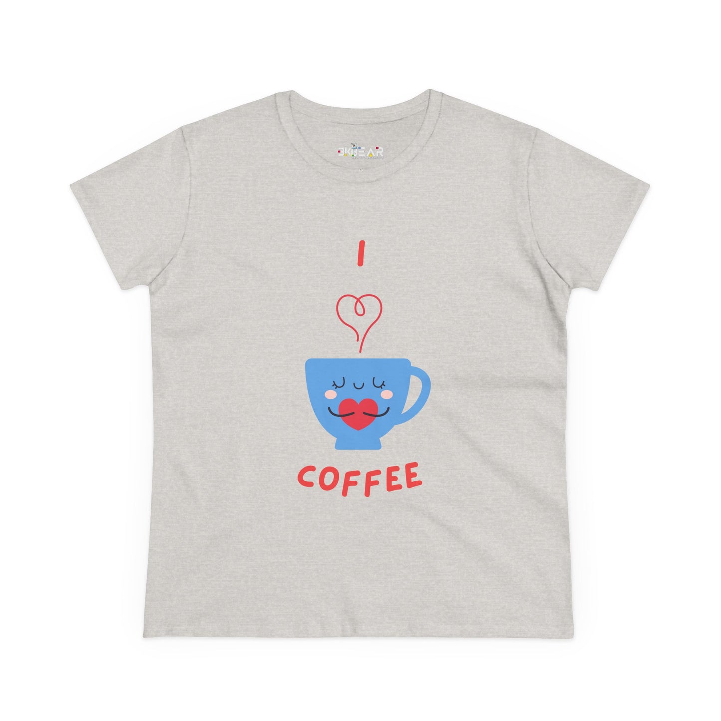 Light gray Printify T-Shirt with I love coffee graphic featuring a blue cup and heart steam coffee and tees