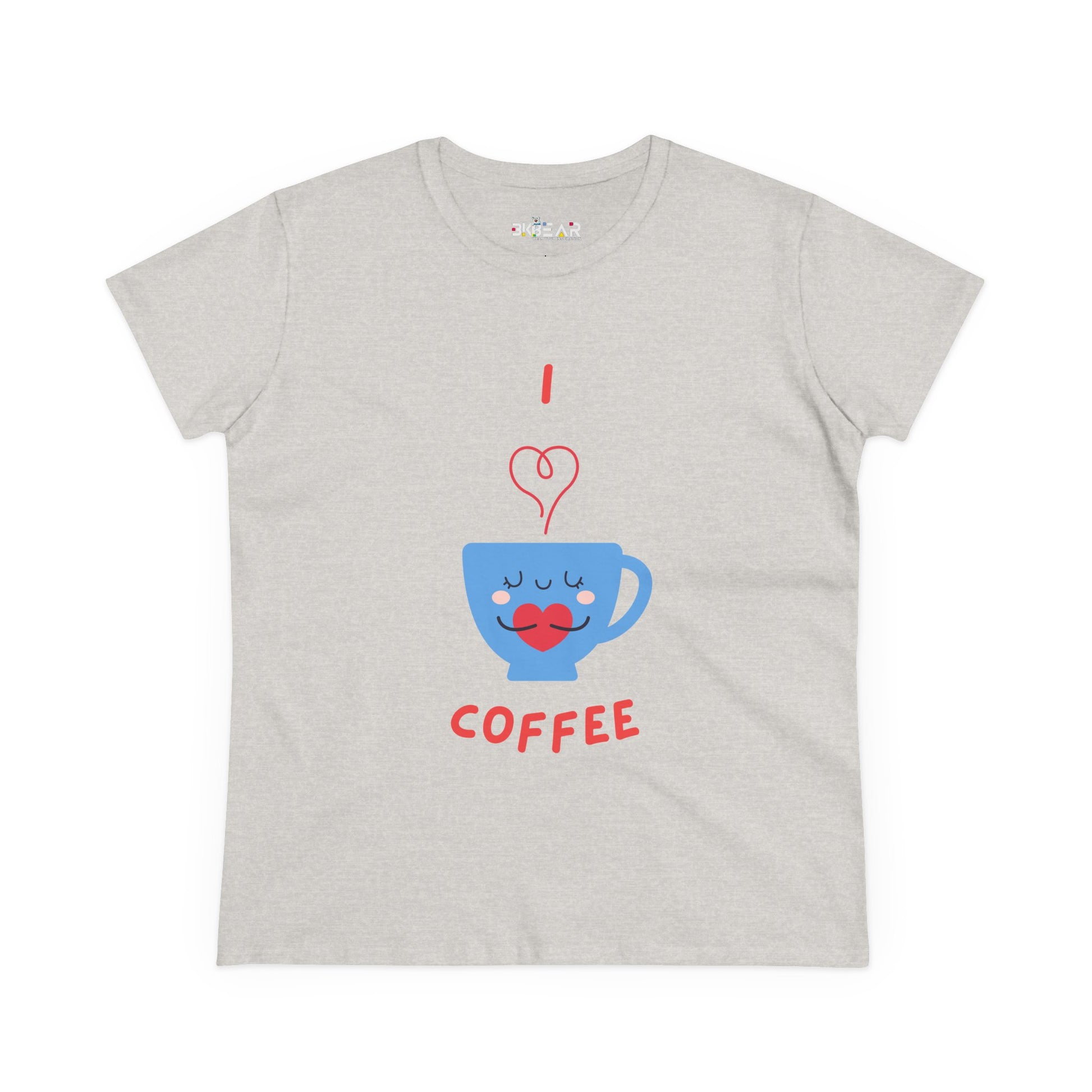 Light gray Printify T-Shirt with I love coffee graphic featuring a blue cup and heart steam coffee and tees