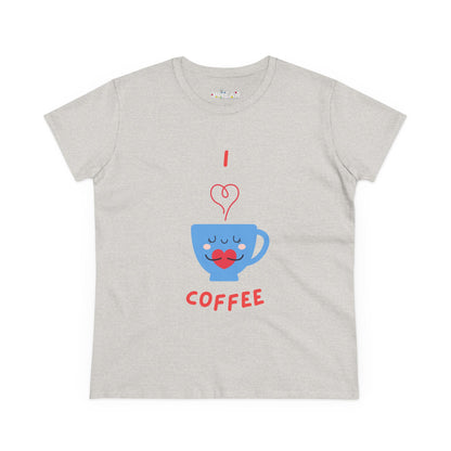 Light gray Printify T-Shirt with I love coffee graphic featuring a blue cup and heart steam coffee and tees