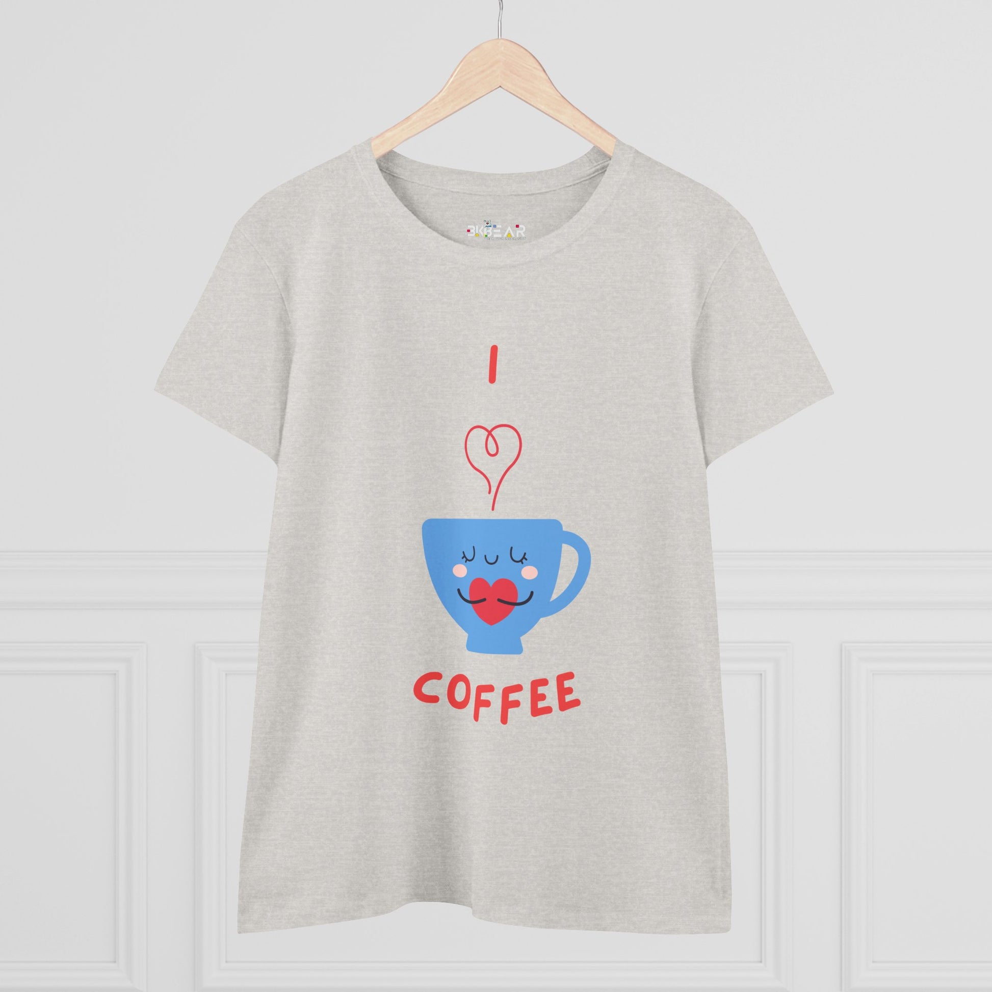 Printify gray t-shirt with I love coffee design featuring a blue coffee cup with heart steam coffee and tees