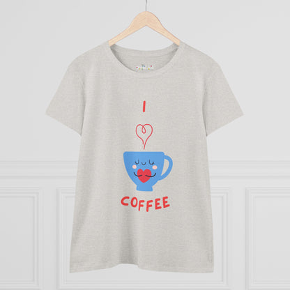 Printify gray t-shirt with I love coffee design featuring a blue coffee cup with heart steam coffee and tees