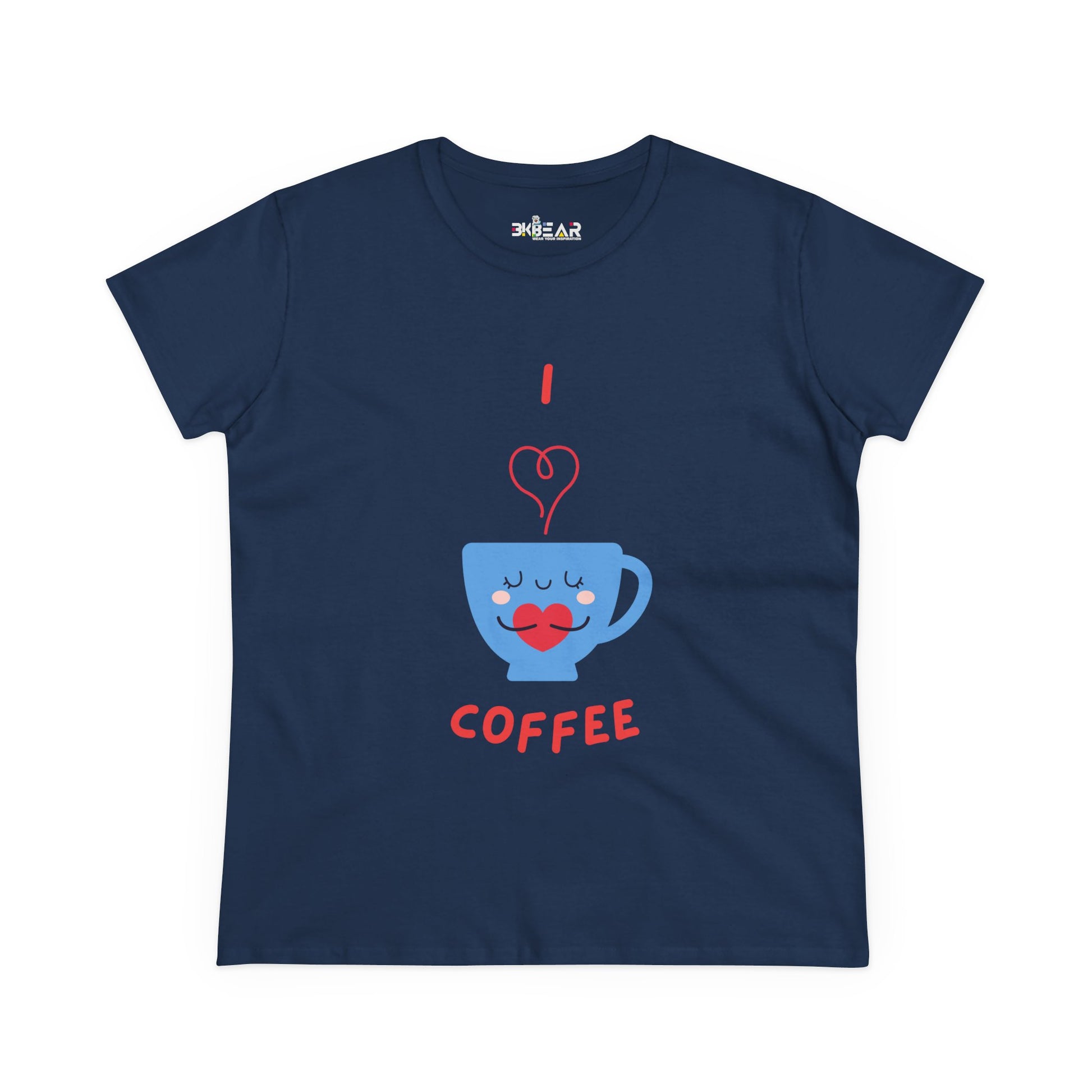 Navy Printify T-shirt with cute blue coffee cup design and I love coffee text for coffee and tees fans